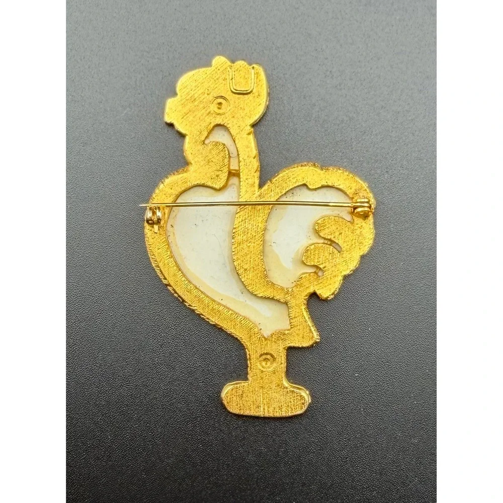 Rooster Brooch White Red‎ Gold Retro Vintage Folk Art Heart Kitsch Cottagecore